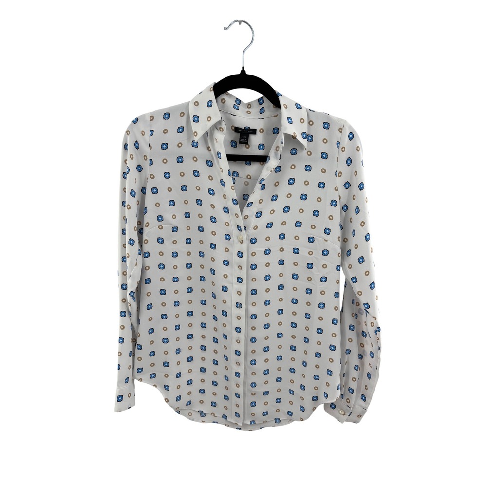 ANN TAYLOR XXS Geometric Print Long Sleeve Button Down‎ Shirt White Blue Gold
